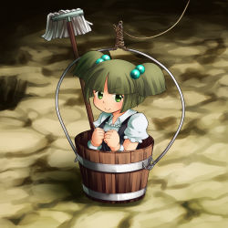 Rule 34 | 1girl, 33kudo, bbb (33kudo), bucket, child, dress shirt, female focus, green eyes, green hair, hair bobbles, hair ornament, highres, in bucket, in container, kisume, matching hair/eyes, mop, rope, shirt, short hair, smile, solo, touhou, twintails, wrist cuffs