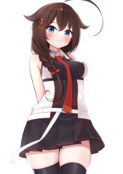 Rule 34 | 1girl, arms behind back, bare shoulders, black skirt, blue eyes, blush, braid, braided ponytail, breasts, brown hair, commentary request, cowboy shot, from below, hair between eyes, hair ornament, hair over shoulder, hairpin, happy, highres, hip focus, kantai collection, long hair, looking at viewer, looking down, medium breasts, miniskirt, necktie, pleated skirt, red necktie, shigure (kancolle), shigure kai san (kancolle), shirt, single braid, skindentation, skirt, sleeveless, sleeveless shirt, smile, solo, thigh gap, thighhighs, tiemu (man190)