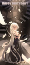Rule 34 | 1girl, absurdres, black dress, blonde hair, blue eyes, blush, closed mouth, dress, feathers, happy birthday, highres, long hair, looking at viewer, looking back, noir (noworld), noworld, qiyuan yingluo, smile, solo, spiral staircase, stairs, standing, virtual youtuber, white feathers