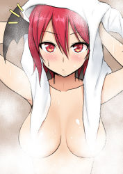 Rule 34 | ^^^, 1girl, :/, alternate hair length, alternate hairstyle, arms up, bat wings, blush, breasts, closed mouth, collarbone, commentary request, convenient censoring, diisuke, drying hair, hair between eyes, koakuma, looking at viewer, medium breasts, nude, red eyes, red hair, short hair, solo, steam, steam censor, sweat, touhou, towel, towel on head, upper body, wings