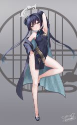 Rule 34 | 1girl, absurdres, arm up, armpits, bare legs, bare shoulders, black coat, black footwear, black hair, blue archive, breasts, china dress, chinese clothes, closed mouth, coat, covered navel, double bun, dragon print, dress, expressionless, full body, grey eyes, hair bun, halo, hand on own hip, highres, hwa sawa, incredibly absurdres, kisaki (blue archive), leg up, long hair, long sleeves, looking at viewer, no panties, off shoulder, open clothes, open coat, pelvic curtain, pinstripe pattern, print dress, shoes, sleeveless, sleeveless dress, small breasts, solo, standing, standing on one leg, striped, thighs, twintails, very long hair