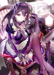 Rule 34 | 119, 1girl, bad id, bad pixiv id, breasts, chair, eyeliner, fate/grand order, fate (series), fishnet thighhighs, fishnets, garter straps, high heels, highres, long hair, maid headdress, makeup, nail polish, parted lips, purple eyes, purple footwear, purple hair, purple nails, purple thighhighs, revision, scathach (fate), scathach skadi (fate), sitting, sleeves past wrists, solo, table, thighhighs
