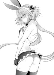 Rule 34 | 1boy, ass, astolfo (fate), astolfo (saber) (fate), back, bare shoulders, bikini, bikini top lift, blush, bow, bowtie, clothes lift, crop top, fate/apocrypha, fate/grand order, fate (series), gloves, greyscale, hair bow, hair intakes, hair ribbon, long hair, looking at viewer, looking back, low twintails, male focus, monochrome, moopiekun, multicolored hair, nipples, no panties, panties, rabbit tail, ribbon, simple background, skirt, solo, streaked hair, sweat, swimsuit, tail, thighhighs, trap, twintails, underwear, white background, wing collar
