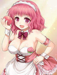 Rule 34 | 1girl, :d, armband, armlet, artist request, blush, bow, bowtie, breasts, cleavage, detached collar, food, fruit, large breasts, looking at viewer, maid headdress, open mouth, peach, pink eyes, pink hair, red bow, red bowtie, skirt, smile, solo, tail, waitress, wrist cuffs