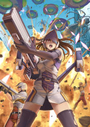Rule 34 | 1girl, 2boys, belt, breasts, brown hair, earth defense force, explosion, firing, gloves, gun, helmet, holding, large breasts, long hair, multiple boys, open mouth, pale wing, red eyes, rifle, tantaka, thighhighs, visor, weapon