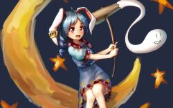 Rule 34 | 1girl, ahoge, animal ears, bare legs, bloomers, blue background, blue dress, blue hair, blue sleeves, braid, commentary request, cowboy shot, crescent moon, crescent print, dress, ear tag, eyelashes, floppy ears, frilled dress, frilled sleeves, frills, ghost, hammer, holding, holding hammer, knees, light blush, long hair, looking ahead, low twin braids, lower teeth only, moon, on crescent, one-hour drawing challenge, open mouth, puffy short sleeves, puffy sleeves, rabbit ears, red eyes, seiran (touhou), short dress, short sleeves, sitting, smile, solo, star (symbol), star print, teeth, touhou, twin braids, underwear, welt (kinsei koutenkyoku), white bloomers