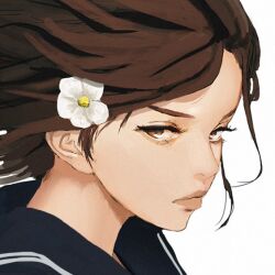 Rule 34 | 1girl, black sailor collar, brown eyes, brown hair, brown lips, commentary request, eyebrows hidden by hair, eyelashes, flower, hair flower, hair ornament, inoitoh, looking at viewer, original, portrait, profile, sailor collar, solo