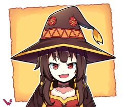 Rule 34 | 1girl, :d, brown hair, button eyes, buttons, cape, collar, collarbone, commentary request, hat, highres, kono subarashii sekai ni shukufuku wo!, long hair, looking at viewer, megumin, open mouth, outline, portrait, red eyes, smile, solo, v-shaped eyebrows, white outline, witch hat, yukohari