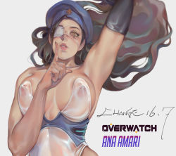 Rule 34 | 1girl, aged down, ana (overwatch), armpits, breasts, brown eyes, brown hair, captain amari, change (437483723), close-up, covered erect nipples, dark-skinned female, dark skin, eyepatch, finger to mouth, hat, highres, large breasts, lips, long hair, mature female, nipples, official alternate costume, overwatch, overwatch 1, see-through, solo