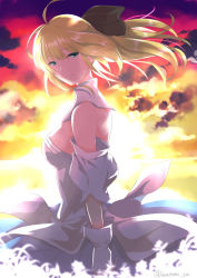Rule 34 | 1girl, ahoge, artoria pendragon (all), artoria pendragon (fate), backlighting, bare shoulders, blonde hair, bow, detached sleeves, dress, fate/unlimited codes, fate (series), floating hair, gloves, gradient background, green eyes, hair bow, iwanaga tm, long hair, looking at viewer, ponytail, saber (fate), saber lily, solo, sunset, white dress, white gloves