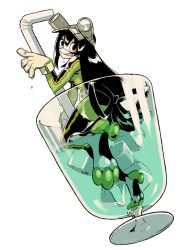 Rule 34 | 10s, 1girl, asui tsuyu, black hair, bodysuit, boku no hero academia, boots, drink, frog girl, gloves, goggles, green bodysuit, ice, ice cube, long hair, mini person, minigirl, person in container, split-toe footwear, thigh boots