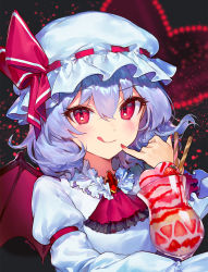 Rule 34 | 1girl, :q, ainy, ascot, bat wings, black background, blue hair, blush, brooch, commentary request, cup, dress, drinking glass, food, fruit, hair between eyes, hat, hat ribbon, heart, ice cream, jewelry, juliet sleeves, long sleeves, looking at viewer, mob cap, nail polish, pinky out, pocky, puffy sleeves, red ascot, red eyes, red nails, red ribbon, remilia scarlet, ribbon, short hair, simple background, smile, solo, strawberry, tongue, tongue out, touhou, upper body, wafer stick, white dress, white hat, wings