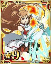 Rule 34 | 10s, 1girl, asuna (sao), brown eyes, brown hair, brown skirt, card (medium), detached sleeves, floating hair, holding, holding sword, holding weapon, long hair, looking at viewer, open mouth, pleated skirt, rapier, skirt, solo, star (symbol), sword, sword art online, thighhighs, very long hair, weapon, white thighhighs