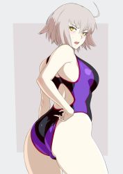 Rule 34 | 1girl, adjusting clothes, adjusting swimsuit, ass, back, bare arms, bare shoulders, black one-piece swimsuit, blush, breasts, competition swimsuit, cowboy shot, curvy, embarrassed, fate/grand order, fate (series), female focus, from behind, grey background, hip focus, jeanne d&#039;arc (fate), jeanne d&#039;arc alter (avenger) (fate), jeanne d&#039;arc alter (fate), large breasts, light brown hair, looking at viewer, looking back, medium breasts, mikoyan, one-piece swimsuit, open mouth, short hair, sideboob, silver hair, simple background, solo, standing, swimsuit, thighs, tongue, yellow eyes