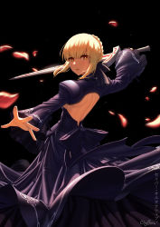 Rule 34 | 1girl, absurdres, artist name, artoria pendragon (fate), back, backless dress, backless outfit, black background, black dress, blonde hair, braid, chyffon, closed mouth, commentary request, dark persona, dress, excalibur morgan (fate), fate/stay night, fate (series), french braid, gothic lolita, hair ribbon, highres, holding, holding sword, holding weapon, lolita fashion, long dress, looking at viewer, looking back, outstretched hand, petals, ribbon, saber (fate), saber alter, simple background, solo, sword, translated, weapon, yellow eyes