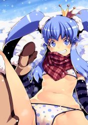 Rule 34 | 10s, 1girl, bikini, blue eyes, blue hair, boots, cameltoe, cleft of venus, crown, cure princess, detached sleeves, fang, gloves, happinesscharge precure!, long hair, matching hair/eyes, partially visible vulva, precure, scarf, shirayuki hime, smile, snow, solo, swimsuit, tasaka shinnosuke, twintails