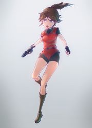 Rule 34 | 1girl, absurdres, bad id, bad proportions, bad twitter id, belt, bike shorts, breasts, brown hair, capcom, claire redfield, commentary request, denim, fingerless gloves, gloves, gun, handgun, highres, looking at viewer, medium hair, ponytail, resident evil, resident evil 2, shorts, simple background, solo, tamago tomato, weapon, white background
