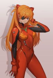 Rule 34 | 1girl, arm up, blue eyes, bodysuit, breasts, closed mouth, cowboy shot, curvy, d.sum, eyepatch, gloves, gradient background, grey background, hair ornament, hand in own hair, highres, long hair, looking at viewer, medium breasts, neon genesis evangelion, one eye covered, orange hair, plugsuit, red bodysuit, red gloves, shiny clothes, solo, souryuu asuka langley, two side up, very long hair, white background, wide hips