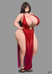 Rule 34 | 1girl, batako (batakoart), breasts, brown hair, choker, dress, evening gown, feet, freckles, hand on own hip, high heels, highres, huge breasts, long hair, pointy ears, ponytail, purple eyes, red dress, thick thighs, thighs