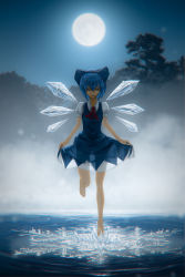 Rule 34 | 1girl, barefoot, blue hair, bow, cirno, fog, full body, full moon, hair bow, highres, holding, holding clothes, holding skirt, ice, justinas vitkus, looking at viewer, looking down, moon, moonlight, night, ripples, see-through, short hair, skirt, skirt hold, snowflakes, solo, standing, standing on one leg, touhou, tree, walking, walking on liquid, water