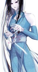 Rule 34 | 1boy, bare shoulders, black eyes, black hair, blood, blood on clothes, chinese clothes, clothing cutout, detached sleeves, expressionless, highres, hunter x hunter, illumi zoldyck, long hair, long sleeves, looking at viewer, male focus, official alternate costume, pale skin, simple background, solo, white background, zhongc