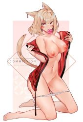 Rule 34 | 1girl, animal ears, warrior of light (ff14), bare shoulders, blonde hair, breasts, cat ears, cat girl, cat tail, coat, collarbone, commission, condom, condom in mouth, condom wrapper, earrings, facial mark, final fantasy, final fantasy xiv, full body, jacket, jewelry, kneeling, large breasts, medium hair, mouth hold, nail polish, naked coat, nipples, original, panties, panty pull, pussy, pussy juice, red eyes, red jacket, rirene rn, slit pupils, solo, tail, underwear, white nails, white panties