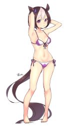 Rule 34 | 1girl, animal ears, arms behind head, bad id, bad pixiv id, barefoot, bikini, breasts, brown hair, front-tie top, full body, highres, horse ears, horse girl, horse tail, looking at viewer, multicolored hair, ponpe max, purple eyes, short hair, side-tie bikini bottom, simple background, small breasts, solo, special week (umamusume), standing, swimsuit, tail, two-tone bikini, two-tone hair, umamusume, white background