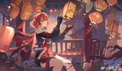 Rule 34 | 1girl, ahoge, architecture, bare shoulders, black gloves, blue eyes, chinese clothes, chinese commentary, chinese new year, clothing cutout, commentary request, dress, east asian architecture, feet out of frame, fingerless gloves, fireworks, geyegua, gloves, hair between eyes, hair bun, hair ornament, highres, lantern, long sleeves, night, original, outdoors, paper lantern, parted lips, red gloves, red hair, short hair, shoulder cutout, sitting, sky lantern, solo, weibo logo, weibo watermark
