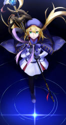 Rule 34 | 1girl, artoria caster (fate), artoria caster (second ascension) (fate), artoria pendragon (fate), bad id, bad pixiv id, belt, beret, black gloves, blonde hair, blue belt, blue cape, boots, bow, buttons, cape, cloak, collar, collared shirt, fate/grand order, fate (series), gem, glint, gloves, gold trim, green gemstone, green hair, hair between eyes, hat, highres, long hair, long sleeves, looking at viewer, marmyadose (fate), multiple tails, open mouth, ornament, pantyhose, pink ribbon, purple footwear, ribbon, shirt, simple background, skirt, solo, tail, two tails, user esac8574, white shirt, white skirt
