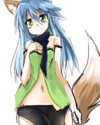 Rule 34 | 1girl, animal ears, fox ears, fox tail, green eyes, head tilt, long hair, original, simple background, sketch, smile, solo, tail, white background, yoshizawa tsubaki