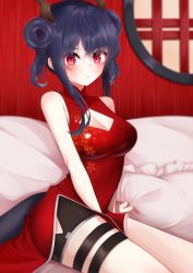 Rule 34 | 1girl, absurdres, arknights, bare arms, bare shoulders, black shorts, blue hair, breasts, ch&#039;en (ageless afterglow) (arknights), ch&#039;en (arknights), china dress, chinese clothes, cleavage, cleavage cutout, clothing cutout, commentary, double bun, dragon horns, dragon tail, dress, hair bun, highres, horns, indoors, karou (lhscck302), long hair, looking at viewer, official alternate costume, red dress, red eyes, short shorts, shorts, sidelocks, sitting, sleeveless, sleeveless dress, solo, tail, thigh strap, thighs