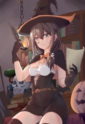 Rule 34 | 1girl, absurdres, blush, breasts, brown eyes, brown hair, cleavage, cowboy shot, girls&#039; frontline, gloves, hair ornament, halloween, halloween costume, hat, helianthus (girls&#039; frontline), highres, ky (ky990533), looking at viewer, medium breasts, monocle, ponytail, pumpkin, quill, skull, skull hair ornament, solo, witch hat