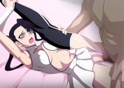 Rule 34 | 1boy, 1girl, arrancar, ass, bed, black hair, bleach, blush, breasts, censored, clothed sex, game cg, hetero, highres, legs up, lime (purple haze), loly aivirrne, long hair, lying, medium breasts, moaning, nude, on bed, panties, penis, purple eyes, pussy, pussy juice, sex, spread legs, sweat, twintails, underwear, vaginal