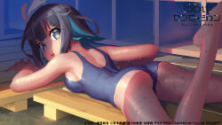 Rule 34 | 16bit sensation, 1girl, akisato konoha, ass, black hair, blue eyes, blue hair, blue one-piece swimsuit, breasts, commentary request, end card, flat ass, hair ornament, highres, indoors, light, looking at viewer, looking back, lying, medium breasts, multicolored hair, nadeara bukichi, official art, on stomach, one-piece swimsuit, open mouth, shade, shiny skin, short hair, solo, swimsuit, two-tone hair, wet