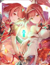 Rule 34 | 2girls, bare shoulders, breasts, chest jewel, cleavage, core crystal (xenoblade), earrings, glimmer (xenoblade), gloves, high ponytail, holding hands, japanese clothes, jewelry, kimono, large breasts, long hair, mother and daughter, multiple girls, ponytail, pyra (xenoblade), red eyes, red hair, short hair, swept bangs, tiara, ui frara, xenoblade chronicles (series), xenoblade chronicles 2, xenoblade chronicles 3, xenoblade chronicles 3: future redeemed