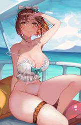 Rule 34 | 1girl, absurdres, atelier (series), atelier ryza, atelier ryza 1, bare shoulders, boat, bottomless, braid, braided bangs, breasts, brown eyes, brown hair, cleavage, closed mouth, collarbone, highres, large breasts, looking afar, medium hair, navel, outdoors, reisalin stout, sitting, smile, strap slip, swimsuit, thick thighs, thigh strap, thighs, water, watercraft, yaoshan shi