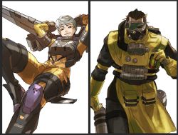 Rule 34 | 1boy, 1girl, animification, apex legends, bodysuit, boots, brown eyes, brown hair, caustic (apex legends), gas mask, goggles, grey hair, hair slicked back, hazmat suit, highres, jetpack, mask, armored boots, orange bodysuit, parted lips, short hair, smile, thigh boots, thighhighs, thundergotch, valkyrie (apex legends), white background