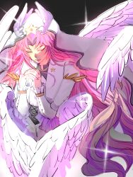 Rule 34 | 1boy, chinese commentary, closed eyes, closed mouth, commentary request, feathered wings, frilled sleeves, frills, grey pants, hatsutori hajime, highres, jacket, long hair, long sleeves, low wings, male focus, multiple wings, open clothes, open jacket, own hands together, pants, parted bangs, pink hair, saibou shinkyoku, shirt, smile, solo, sparkle, star pin, wavy hair, white jacket, white shirt, white veil, white wings, wings, zhouyebuxi