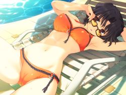 Rule 34 | 00s, 1girl, adjusting eyewear, armpits, bikini, black hair, breasts, cameltoe, caustics, chair, game cg, glasses, large breasts, looking at viewer, lounge chair, lying, mature female, messy hair, mitsumi misato, on back, orange bikini, parted lips, pool, red eyes, short hair, solo, swimsuit, to heart (series), to heart 2, to heart 2 ad, yuzuhara haruka