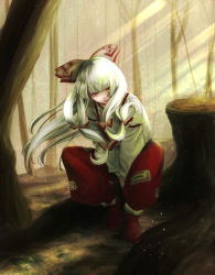 Rule 34 | 1girl, ankle boots, armband, between legs, blunt bangs, boots, bow, day, expressionless, faux traditional media, forest, fujiwara no mokou, hair blowing, hair bow, hair ribbon, hand between legs, head tilt, highres, kubrick stare, light particles, light rays, lips, long hair, long sleeves, looking at viewer, nature, ofuda, onigirigoburin, outdoors, pants, red eyes, red footwear, red pants, ribbon, shirt, sidelocks, sitting, solo, sunbeam, sunlight, touhou, tree stump, tress ribbon, very long hair, white hair, white shirt, wind