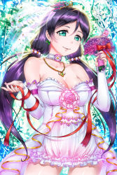 Rule 34 | 1girl, blue eyes, bouquet, breasts, choker, cleavage, closed mouth, collarbone, cowboy shot, crazypen, detached sleeves, dress, floating hair, flower, hair between eyes, highres, holding, holding bouquet, jewelry, large breasts, long hair, long sleeves, looking at viewer, love live!, love live! school idol festival, love live! school idol project, necklace, purple flower, purple hair, shiny skin, short dress, sleeveless, sleeveless dress, smile, solo, standing, strapless, strapless dress, thigh gap, tojo nozomi, very long hair, white dress, white sleeves