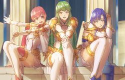 Rule 34 | 3girls, aduti momoyama, blue hair, boots, breasts, catria (fire emblem), elbow gloves, est (fire emblem), fire emblem, fire emblem: mystery of the emblem, fire emblem heroes, gloves, green hair, greyscale, highres, looking at viewer, medium breasts, medium hair, monochrome, multiple girls, nintendo, official alternate costume, palla (fire emblem), pelvic curtain, pink eyes, pink hair, short hair, siblings, sisters, sitting, small breasts, smile, thigh boots, thighs