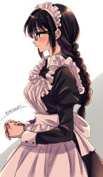Rule 34 | 1girl, apron, artist name, black-framed eyewear, black dress, blush, braid, breasts, brown hair, closed mouth, commentary request, dress, frilled apron, frills, from side, glasses, grey background, himawari-san, himawari-san (character), long hair, long sleeves, maid, maid apron, maid headdress, medium breasts, nail polish, own hands together, pink nails, puffy long sleeves, puffy sleeves, purple eyes, signature, simple background, single braid, solo, standing, sugano manami, two-tone background, white apron, white background