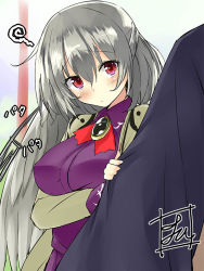 Rule 34 | 1girl, blush, breasts, brown jacket, collared shirt, commentary request, cowboy shot, feathered wings, grabbing, grey hair, grey wings, hair between eyes, jacket, kishin sagume, looking at another, medium breasts, one-hour drawing challenge, purple shirt, red eyes, shirt, short hair, signature, single wing, solo focus, squiggle, tirotata, touhou, wings