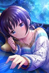 Rule 34 | 1boy, 2girls, absurdres, alternative girls, asahina nono, brown hair, closed mouth, earrings, faceless, faceless female, faceless male, highres, jewelry, long sleeves, looking at viewer, lying, medium hair, multiple girls, necklace, night, night sky, official art, on side, purple eyes, sky, smile, solo focus, star (sky), starry sky, sweater