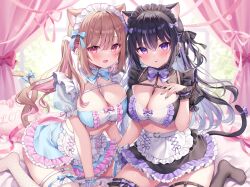 Rule 34 | 2girls, absurdres, animal ears, apron, between breasts, black hair, black shirt, black skirt, black thighhighs, blonde hair, blue shirt, blue skirt, bow, bowtie, breasts, cat ears, cat tail, center frills, chest harness, cleavage, colored inner hair, crop top, ear piercing, extra ears, fishnet thighhighs, fishnets, frilled skirt, frills, hair bow, hand on own chest, hand up, harness, highres, large breasts, long hair, looking at viewer, maid, maid apron, maid headdress, midriff, miniskirt, multicolored hair, multiple girls, nail polish, no shoes, open mouth, original, piercing, red eyes, scrunchie, see-through, see-through sleeves, shiono (0303), shirt, short sleeves, skirt, smile, streaked hair, tail, tail bow, tail ornament, thigh strap, thighhighs, thighs, tongue, tongue out, twintails, two-tone hair, two side up, v-shaped eyebrows, waist apron, white thighhighs, wrist scrunchie, zettai ryouiki