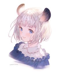 Rule 34 | 1girl, animal ears, blue eyes, blush, closed mouth, frills, mouse ears, mouse girl, original, portrait, short hair, signature, simple background, smile, solo, wadanaka, white background, white hair