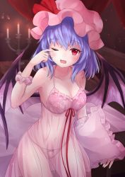 Rule 34 | 1girl, aged up, bat wings, blush, breasts, candle, cleavage, contrapposto, cowboy shot, curtains, fang, floral print, hand up, hat, holding, holding pillow, indoors, lingerie, looking at viewer, medium breasts, medium hair, mob cap, navel, negligee, one eye closed, open mouth, pillow, pink hat, purple hair, ramie (ramie541), red eyes, remilia scarlet, see-through, solo, touhou, underwear, wings