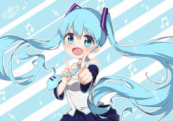 Rule 34 | 1girl, :d, artist name, bare shoulders, beamed quavers, blue eyes, blue hair, blue skirt, breasts, collared shirt, detached sleeves, diagonal stripes, foreshortening, hair ornament, hatsune miku, index finger raised, long hair, long sleeves, looking at viewer, medium breasts, musical note, open mouth, outstretched arm, pleated skirt, quaver, shirt, skirt, sleeveless, sleeveless shirt, smile, solo, striped, striped background, tareme, treble clef, twintails, very long hair, viikcy, vocaloid, white shirt, wing collar