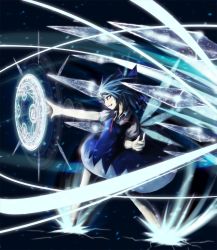 Rule 34 | 1girl, battle, blue hair, cirno, crack, crost, epic, female focus, ice, magic circle, ribbon, skirt, solo, source request, touhou, wings